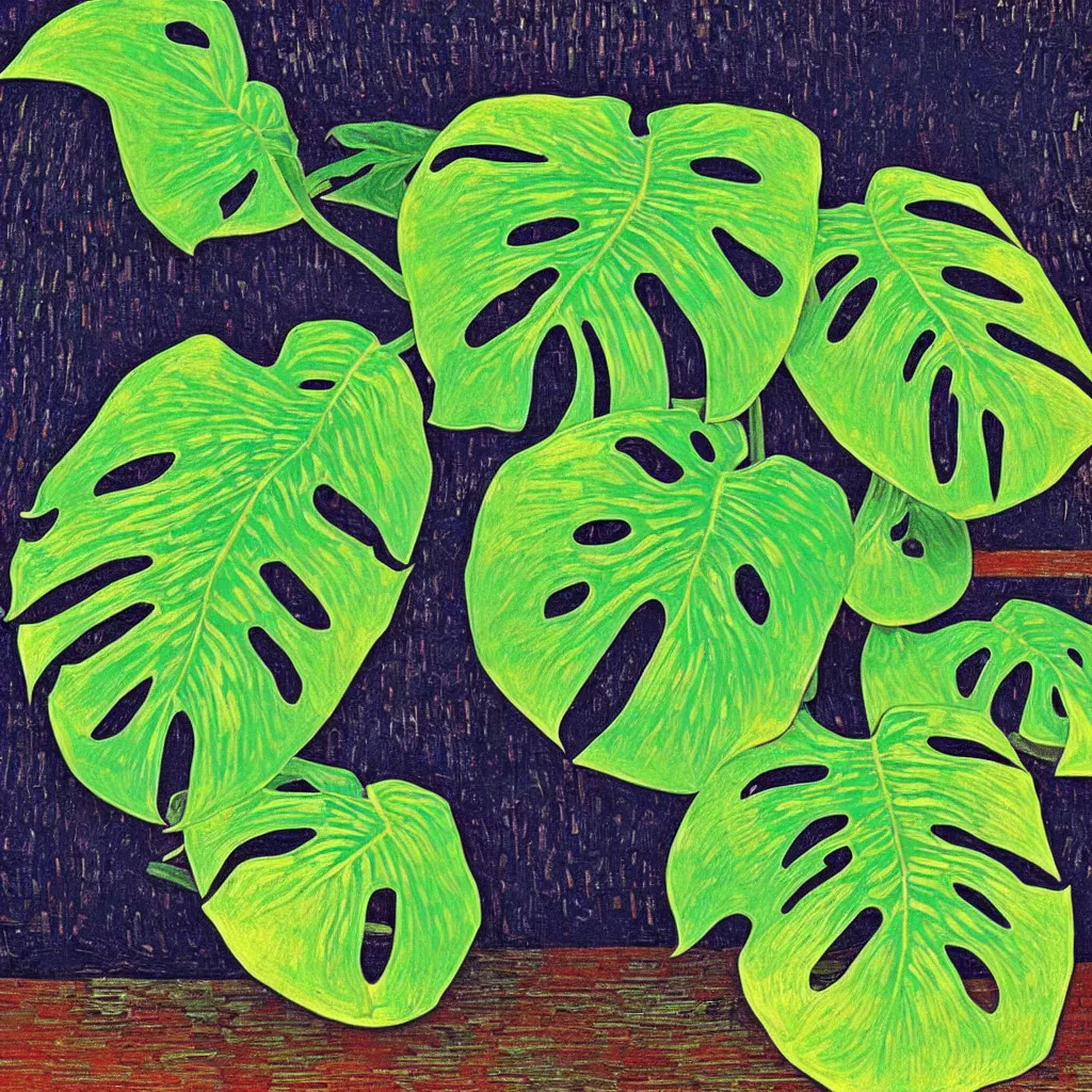 Image similar to A beautiful variegated monstera plant on a table in the style of Van Gogh