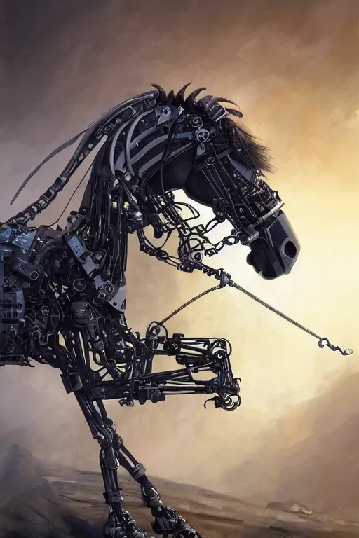 Image similar to 3 quarter view photography portrait of a biomechanical stalion horse illustrated by greg rutkowski and Akira Saito and Peter mohrbacher, boston dynamics, 4k,