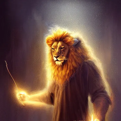 Prompt: an anthropomorphic half lion half human wizard holding a glowimg magical wand,wizard,fantasy art,digital art,art by greg rutkowski,realiatic,photorealistic,hyperdetailed,detailed face,professional lighting,mysterious