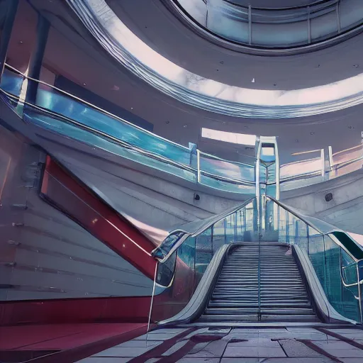 Prompt: futuristic, pastel colors, hd 8 k, unreal engine, abandoned, overgrown, red blue studio lightning, mall, escalator