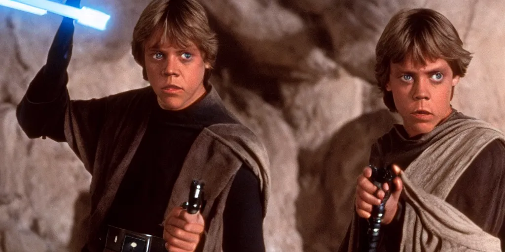 Image similar to Luke Skywalker Return of the jedi young played by Mark Hamill 1983, star wars episode 7 made in the 80s ultra realistic, 4K, movie still, UHD, sharp, detailed, cinematic, render, modern