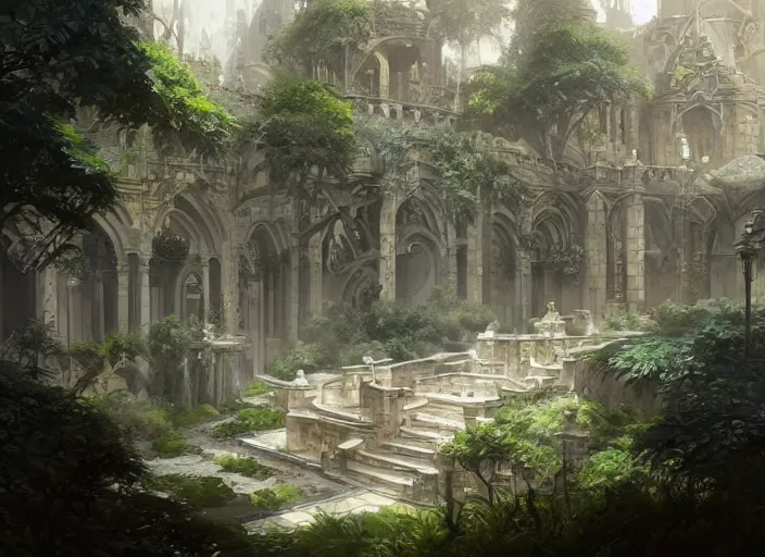 Image similar to A wide open courtyard in a beautiful elven city made of ivory, anime, lush trees, fountain, a fantasy digital painting by Greg Rutkowski and James Gurney, trending on Artstation, highly detailed