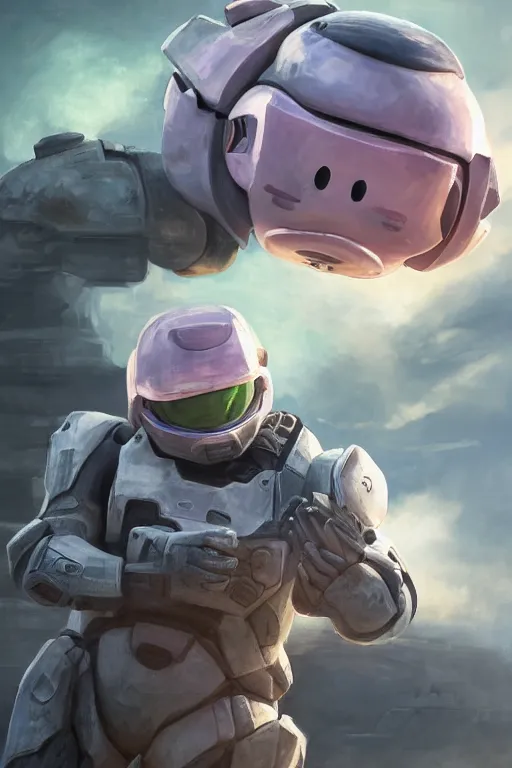 Image similar to jigglypuff playing as master chief, oil on canvas, intricate, portrait, 8 k highly professionally detailed, hdr, cgsociety