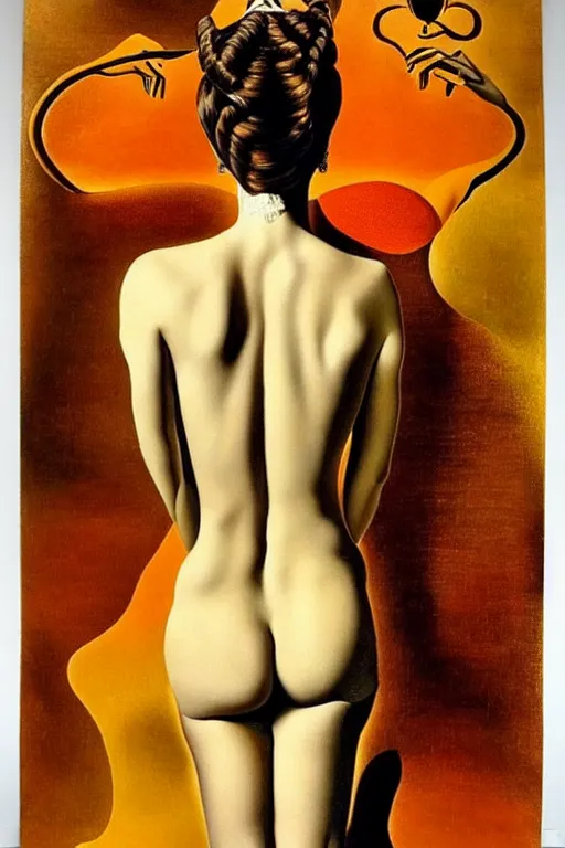 Image similar to beautiful woman by salvador dali, intricated details, 3 / 4 back view, hair styled in a bun, bendover posture, full body portrait, bright design, drips, autumn lights