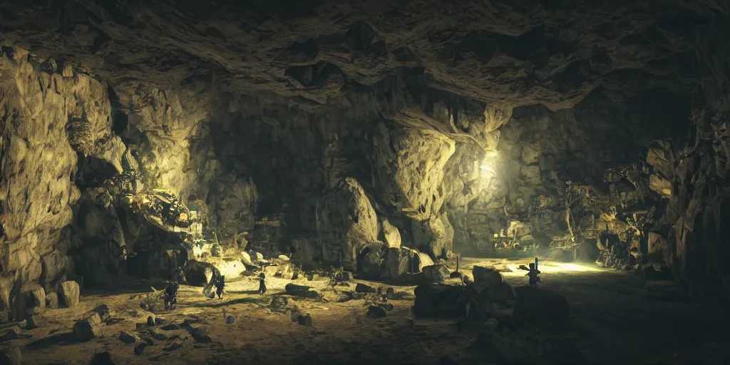 Prompt: mechanoids mining resources in a cave with minimal lighting in the style of thomas cole, cinematic lighting, raytracing, 8 k, octane render, volumetric, vivid, beautiful, hyperrealism