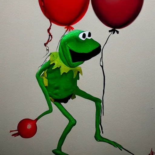 Image similar to grunge painting of kermit the frog with a wide smile and a red balloon by chris leib, loony toons style, pennywise style, corpse bride style, horror theme, detailed, elegant, intricate
