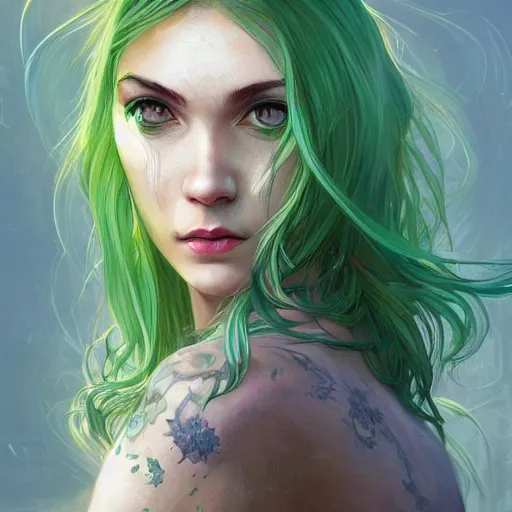 Prompt: character portrait Painting of a woman with dyed green hair, upper body, urban fantasy lighting, intricate, wild, highly detailed, digital painting, artstation, concept art, smooth, sharp focus, illustration, art by artgerm and greg rutkowski and alphonse mucha