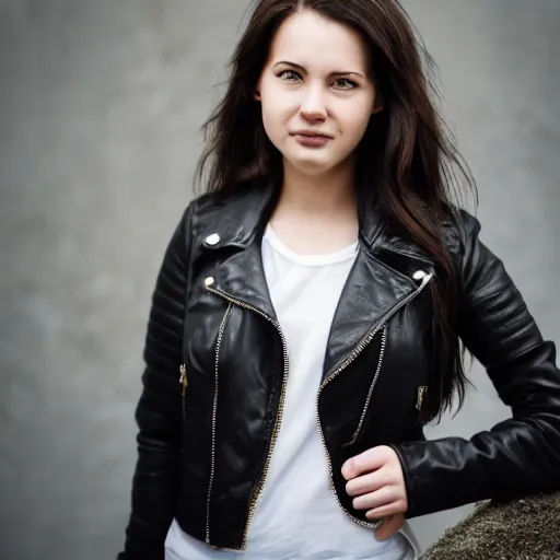 Image similar to young woman in her 20s, she wears a leather jacket and boots, photography, very detailed face, full body shot