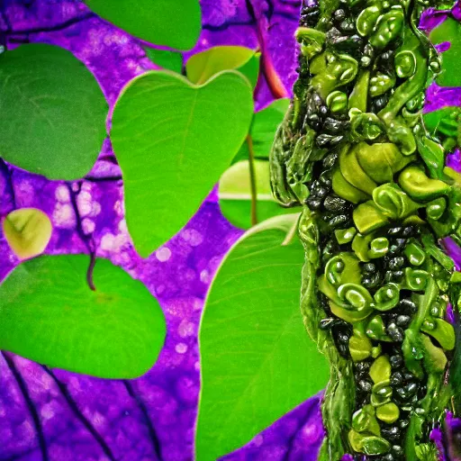 Image similar to nature shot of alien jungle fruit covered in dew drops floating atop shimmering waters, looming milky purple mist in the background, vines, tendrils, lotus style and shape in tilt shift, low angle by kazuya takahashi