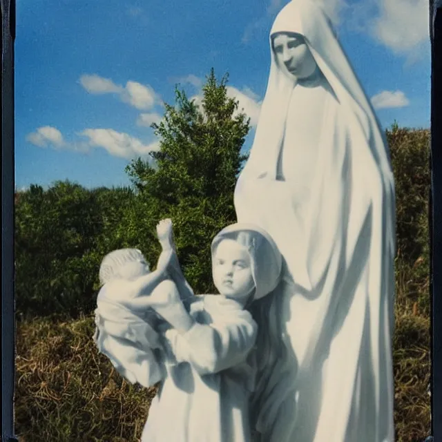 Image similar to closeup of crying white mother mary statue pictured slightly from below, clear sky with blue clouds in background, vintage polaroid