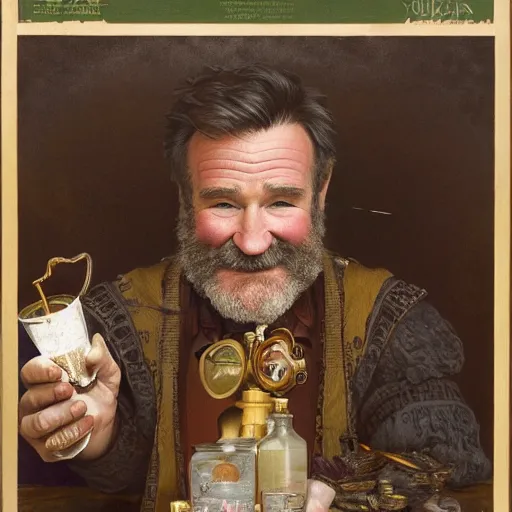 Image similar to an ultradetailed portrait of robin williams dressed as an alchemist, brewing potions in a workshop, d & d, fantasy, intricate, elegant, highly detailed, digital painting, matte, sharp focus, illustration, art by john collier and albert aublet and krenz cushart and artem demura and alphonse mucha