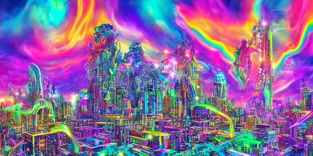 Image similar to psychedelic alien cityscape, photorealistic, hyperrealistic, futuristic, in style of Lisa Frank, cosmic, holographic, 4K, UHD, HDR