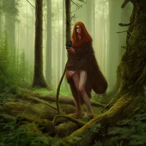 Image similar to a female woodland druid surrounded by forest animals, in the woods, hyper realistic, digital painting, photorealistic, in the style of greg rutkowski, detailed