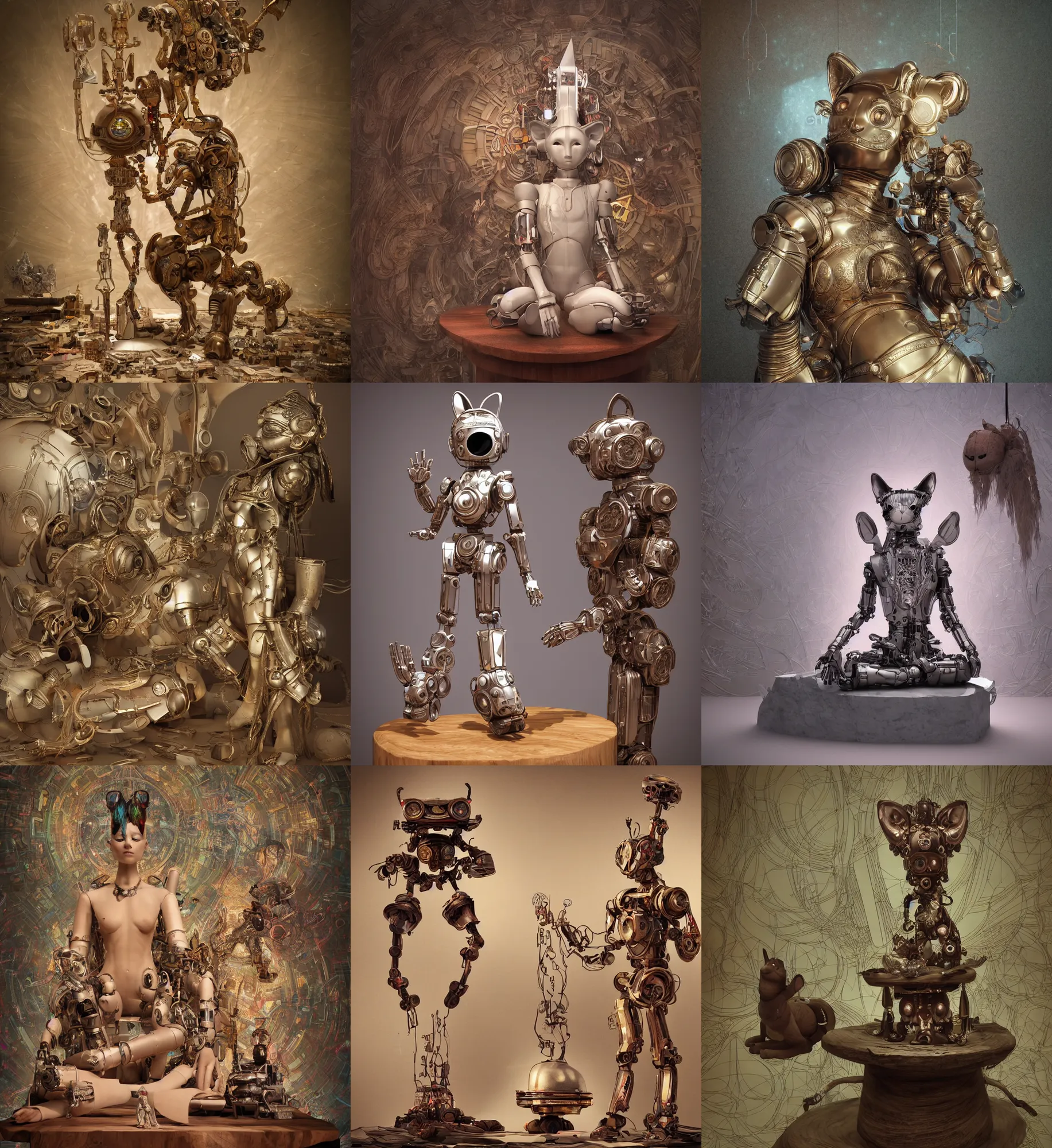 Prompt: 3D octane render ultra 8K photorealistic hyperdetailed unreal engine ,a wooden sculpture,art toys on a pedestal ,a very cute mystical robot of the bohemian with cat’s ears in a zen heroic pose ,meditation ,rebelle,cyberpunk ,concept art ,trending on cgsociety ,artwork masterpiece , in a contemporary art gallery in neo Paris by Alphonse Mucha