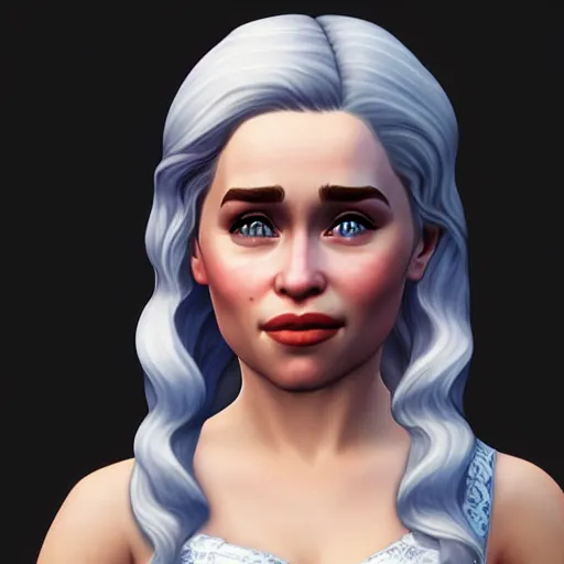 Prompt: sims 4 game key visual art render of a emilia clarke, perfect face, highly detailed, intricate, 4 k, 8 k, closeup photo, trending on artstation, by sims, cgi, unreal engine