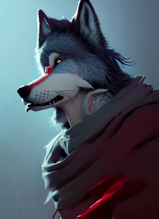 Image similar to award winning portrait of a male anthropomorphic dark gray wolf red hair. character design by cory loftis, fenghua zhong, ryohei hase, ismail inceoglu and ruan jia. artstation, volumetric light, highly detailed, photorealistic, fantasy, rendered in octane