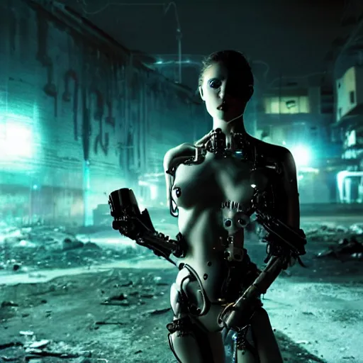 Prompt: stunning, breathtaking, epic, award-winning photo of an attractive, alluring biomorphic female cyborg in a desolate abandoned post-apocalyptic industrial city at night, extremely moody blue lighting