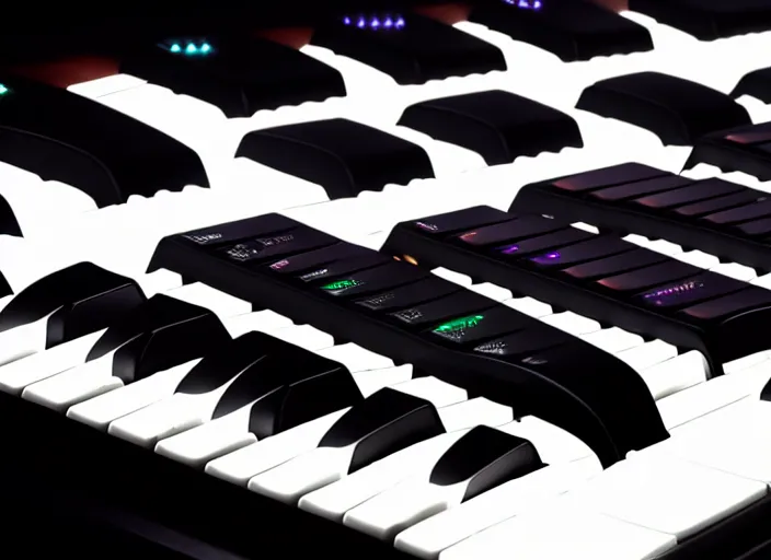 Prompt: photo still of a rack of keyboard synthesizers, 8 k, studio lighting, overhead light - n 9