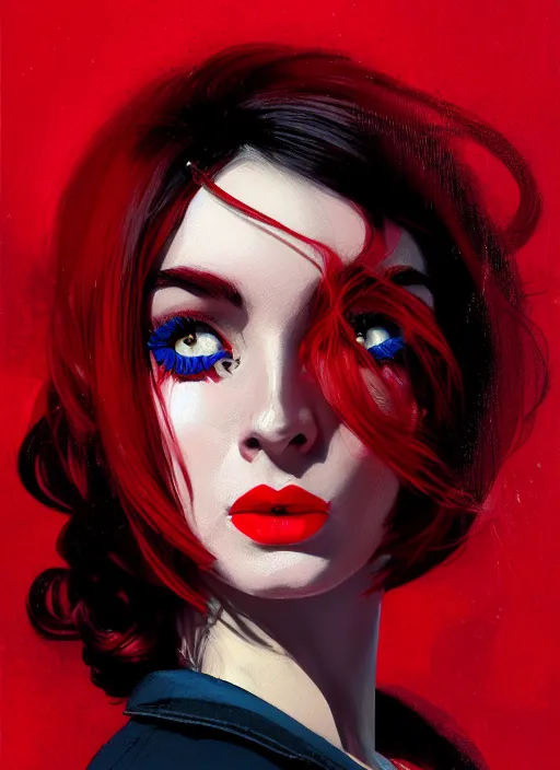 Image similar to portrait of a woman with a crooked nose and a confident expression, 1 9 6 0 s, red clothes, goth, punk, brightly coloured hair, funk, intricate, elegant, highly detailed, digital painting, artstation, concept art, smooth, sharp focus, illustration, art by wlop, mars ravelo and greg rutkowski