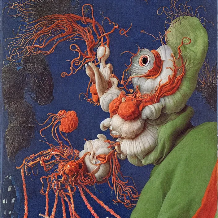 Prompt: close up portrait of a mutant monster creature with white fluffy moth pouf, exotic lily ears, psychedelic dark blue coral protuberances, cuttlefish pulsing malachite tendrils. by jan van eyck, walton ford