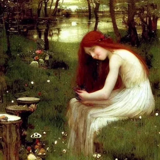 Image similar to fairy garden, beautiful, magical, young girls, ginger haired sweet girl, black haired goth girl, john william waterhouse, ethereal