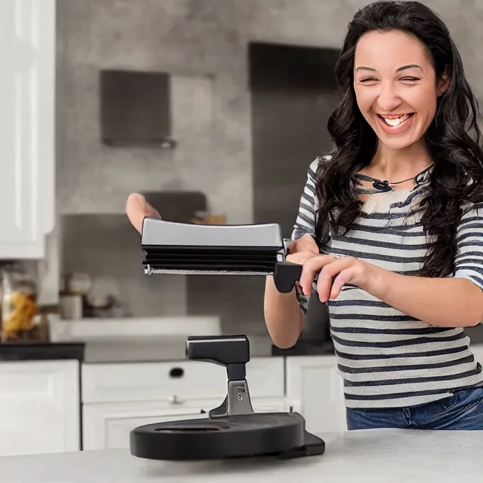 Image similar to a woman that is extremely happy about a young woman receiving her new bagel slicer from the future in the mail from amazon, 8 k,