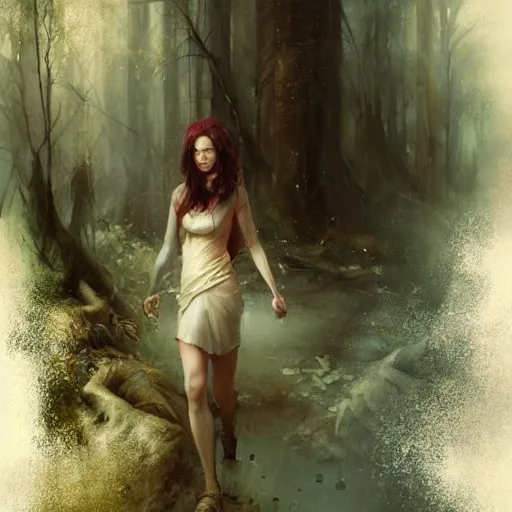 Image similar to a painting of a woman walking through a forest, a detailed matte painting by Bastien Lecouffe-Deharme, trending on cgsociety, fantasy art, matte painting, enchanting, cryengine