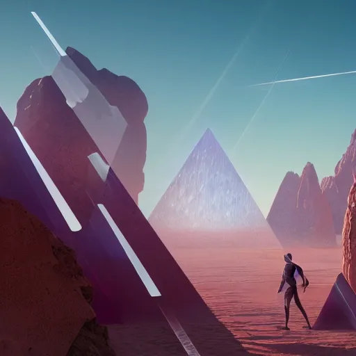 Prompt: huge angular vertical complex translucent crystals in the desert, reflection from the crystal is sparkling due to sun, small retro starship in the sky, futuristic hi-tech details, art by anthony macbain + greg rutkowski + alphonse mucha, concept art, 4k, sharp focus, cinematic render unreal engine