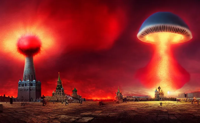 Image similar to nuclear explosion with realistic nuclear mushroom in Red Square Kremlin, cinematic shot, extremely high detail, photo realistic, cinematic lighting, post processed, artstation, matte painting, digital painting