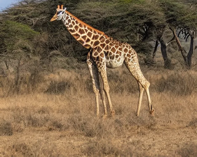 Image similar to a full picture of a whole one giraffe with a short neck in savana