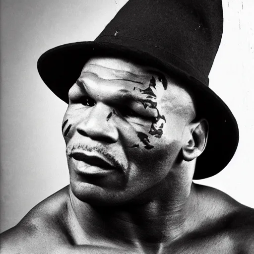 Prompt: vintage portrait of mike tyson wearing wizard hat