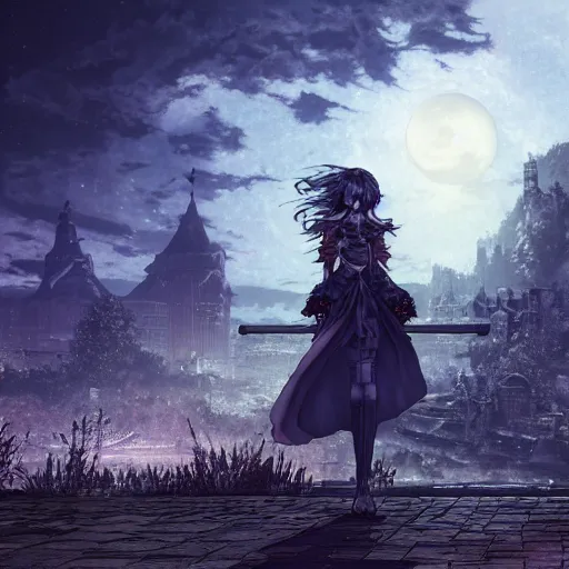 Image similar to goth woman in a moonlight view, tankoban, 4 k, tone mapping, akihiko yoshida, james jean andrei riabovitchev marc simonetti, yoshitaka amano, long hair, curly, h. hydrochaeri