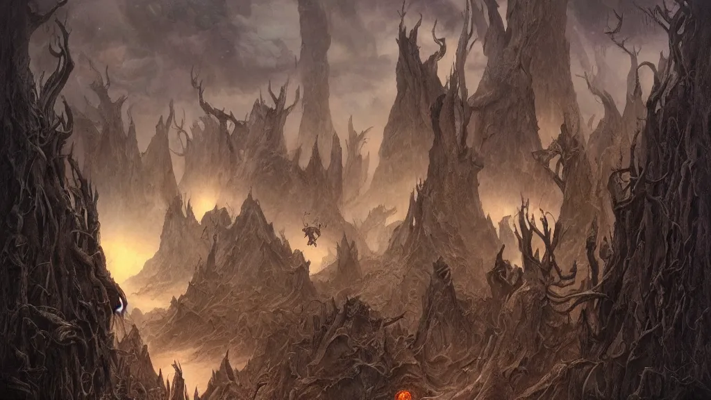 Image similar to eerie atmospheric otherworldly planet by gerald brom and glenn barr, epic cinematic matte painting