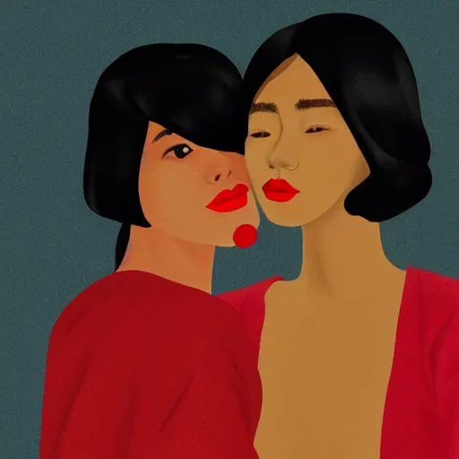 Image similar to Woman holding another woman, arm around her neck, she is Korean, the other black girl, both have red lips, wearing black veils, Edward Hopper and James Gilleard style