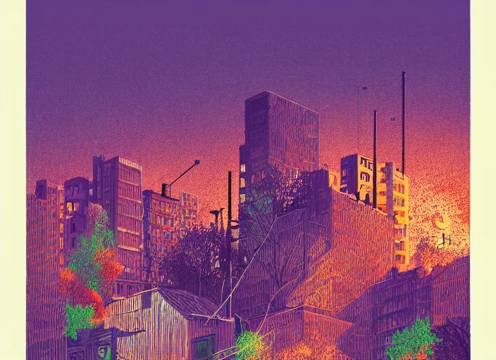 Image similar to city covered in overgrowth, colorful, Mads Berg, Karolis Strautniekas, stippled light, editorial illustration, detailed,fine texture, textured, matte print