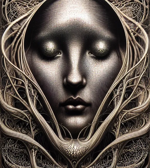 Image similar to detailed realistic beautiful metallic goddess face portrait by jean delville, gustave dore, iris van herpen and marco mazzoni, art forms of nature by ernst haeckel, art nouveau, symbolist, visionary, gothic, neo - gothic, pre - raphaelite, fractal lace, intricate alien botanicals, biodiversity, surreality, hyperdetailed ultrasharp octane render