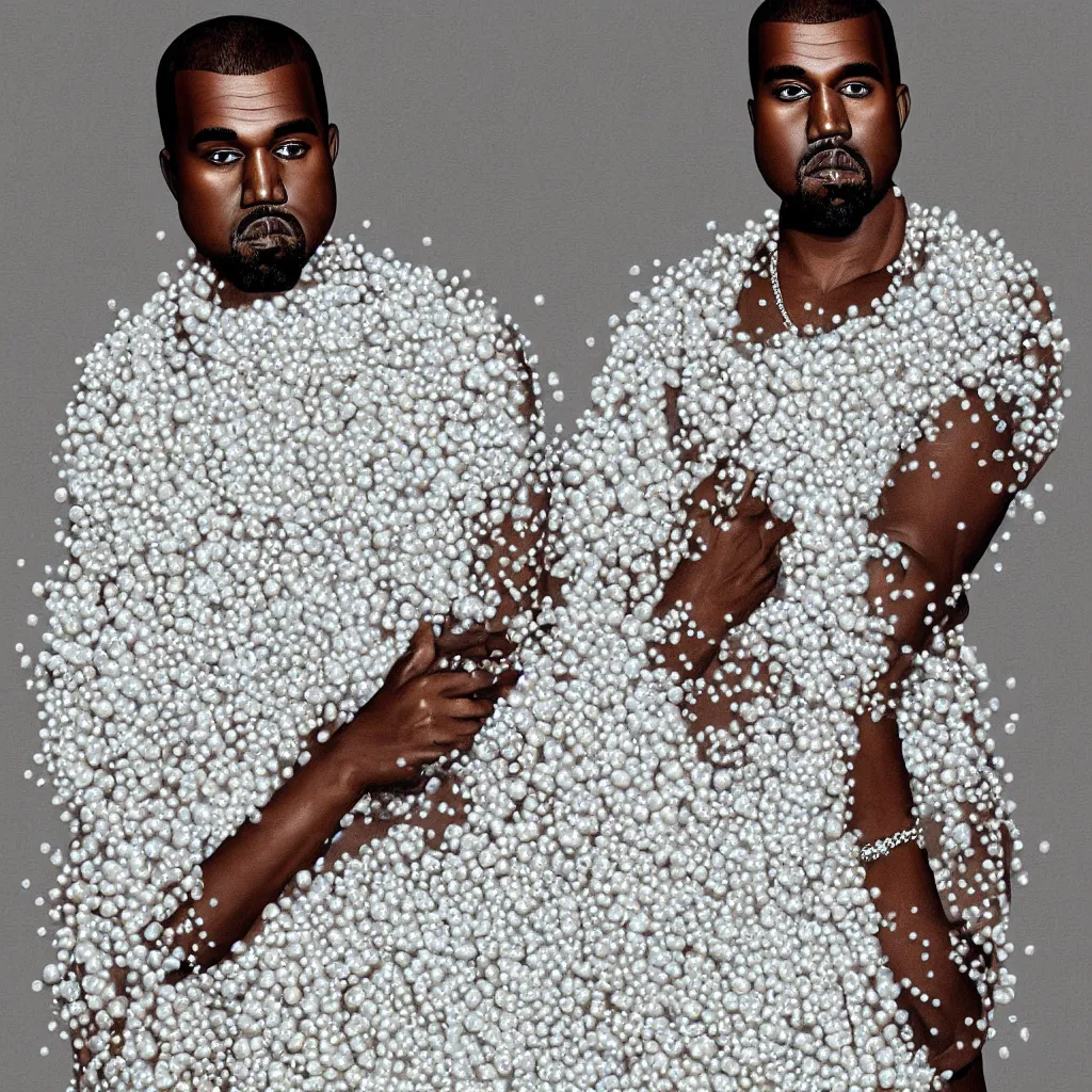 Image similar to kanye west _ with _ a _ decorated _ dress _ made _ of _ white _ pearls _ and _ white _ plumes _ of _ swan _ highly _ detailed _ digital _ painting