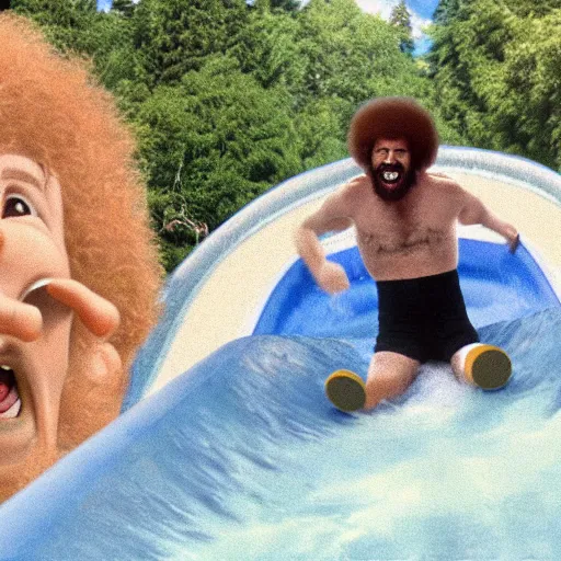 Image similar to bob ross screaming down a giant water slide