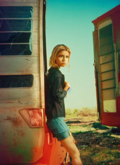 Prompt: Whole body and face wide shot of buffy the vampire slayer in an abandoned trailer park, polaroid clear, colorful image