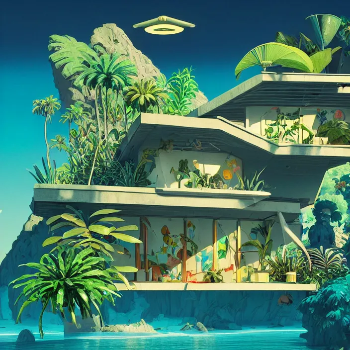 Image similar to a luminescent tropical cottage by paolo eleuteri serpieri and tomer hanuka and chesley bonestell and daniel merriam and tomokazu matsuyama, unreal engine, high resolution render, featured on artstation, octane, 8 k, highly intricate details, vivid colors, vector illustration