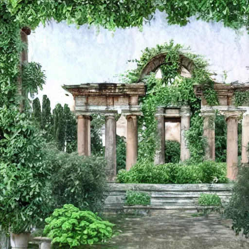 Prompt: garden on paper floating puffy vines herbarium watercolors iridescent 8 k wide angle realistic artstation italian neoliberty architecture pompeii