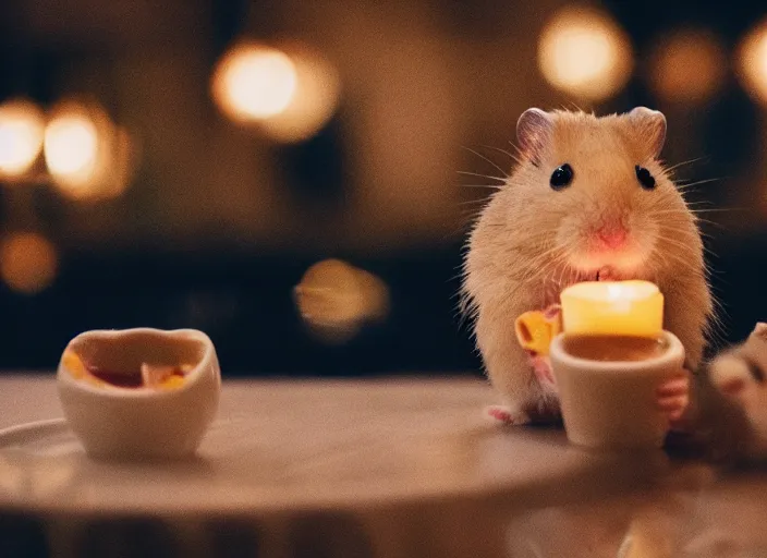 Image similar to photo of a hamsters on a date, kissing, at night, faded colors, candlelit restaurant table, cinematic color grading, various poses, soft light, centered, sharp focus, 8 k