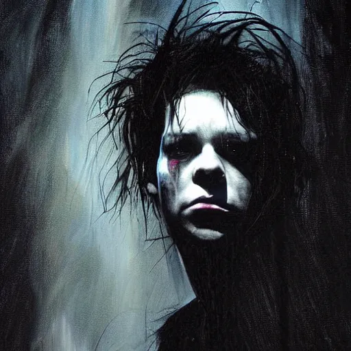 Prompt: stunning portrait of gaunt river phoenix a ( the cure fan ) as dream from sandman, dim stars as eyes, by jeremy mann, by cedric peyravernay, by by russ mills, by richard avedon and ben templesmith, dramatic lightning, sadness, dark eye sockets, in the shadows, punk rock, gothic, high detailed, 8 k