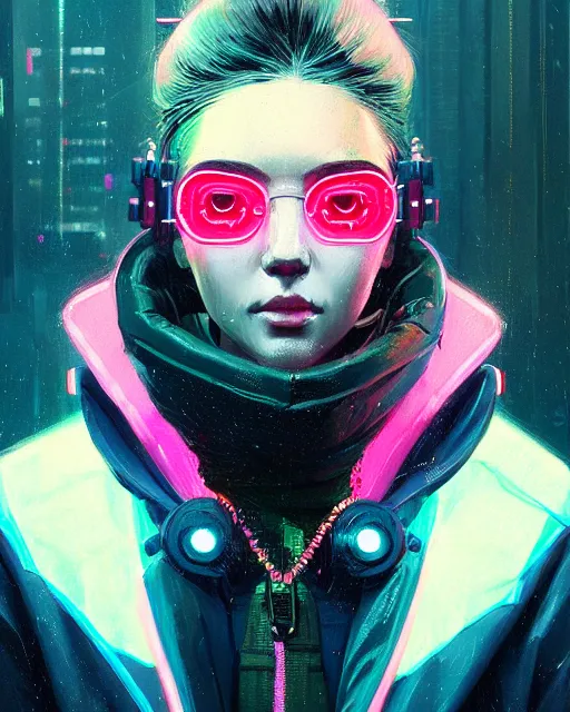 Image similar to detailed portrait Neon Business Girl, cyberpunk futuristic neon, reflective puffy coat, decorated with traditional Japanese ornaments by Ismail inceoglu dragan bibin hans thoma greg rutkowski Alexandros Pyromallis Nekro Rene Maritte Illustrated, Perfect face, fine details, realistic shaded, fine-face, pretty face