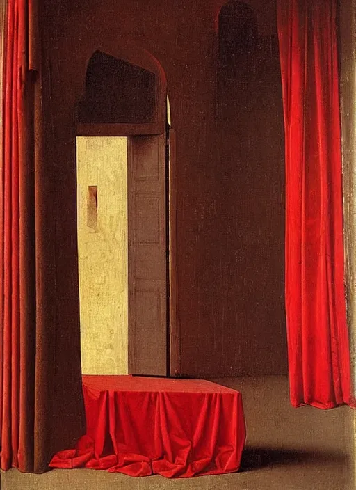 Image similar to red curtain, medieval painting by jan van eyck, johannes vermeer, florence