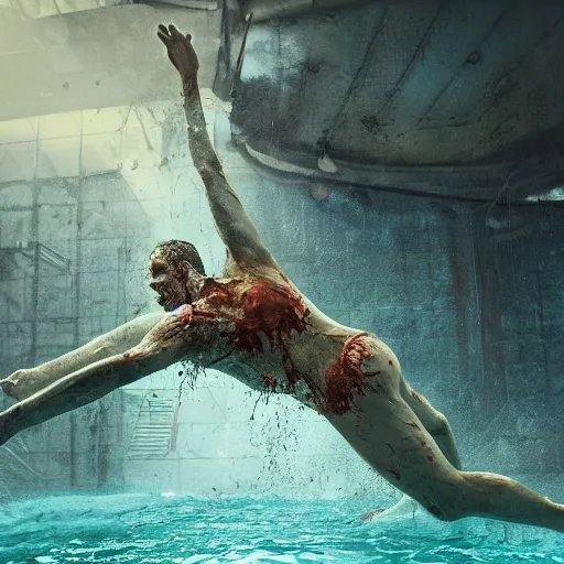 Image similar to highly detailed full body portrait of a zombie swimming underwater in a zombie - apocalypse, in a swimming pool, by greg rutkowski, octane render