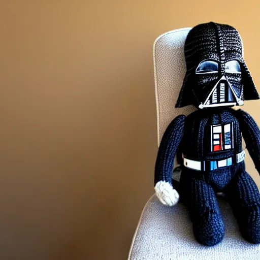Prompt: knitted doll dart vader sitting on a chair, lethal preservation, proportions, high quality, realism, foreground focus,