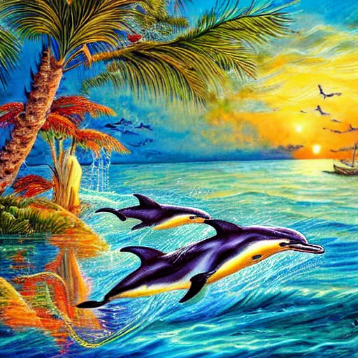Prompt: dolphins leaping out of water in bay with sandy beach and palm trees, beautiful detailed painting in the style of josephine wall 4 k