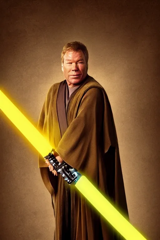 Image similar to photorealistic!! william shatner as a jedi knight, brown jedi robe, holding a yellow lightsaber, film quality