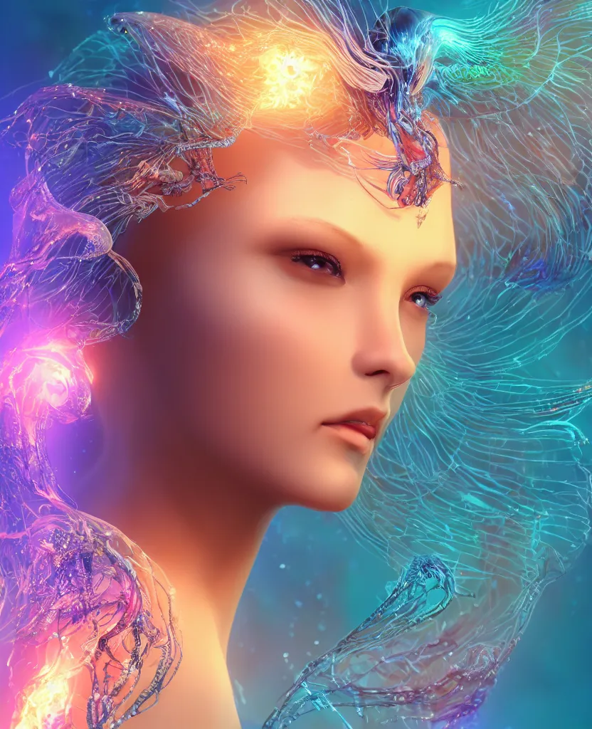 Image similar to close-up macro portrait of the face of a beautiful princess, epic angle and pose, symmetrical artwork, 3d with depth of field, blurred background, cybernetic jellyfish female face skull phoenix bird, translucent, nautilus, energy flows of water and fire. a highly detailed epic cinematic concept art CG render. made in Maya, Blender and Photoshop, octane render, excellent composition, cinematic dystopian brutalist atmosphere, dynamic dramatic cinematic lighting, aesthetic, very inspirational, arthouse. y Greg Rutkowski, Ilya Kuvshinov, WLOP, Stanley Artgerm Lau, Ruan Jia and Fenghua Zhong